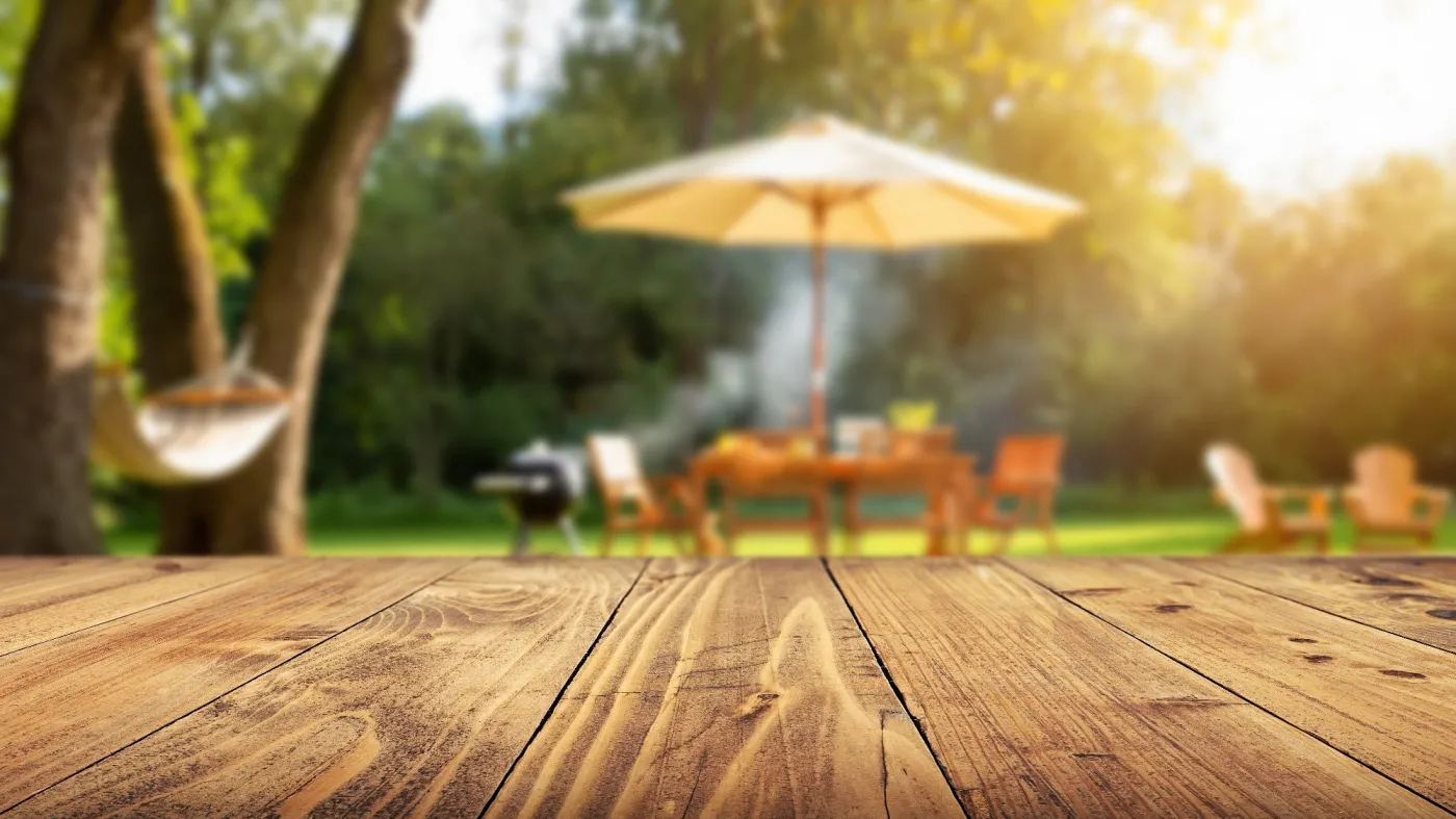 Summer,Time,In,Backyard,Garden,With,Grill,Bbq,,Wooden,Table,