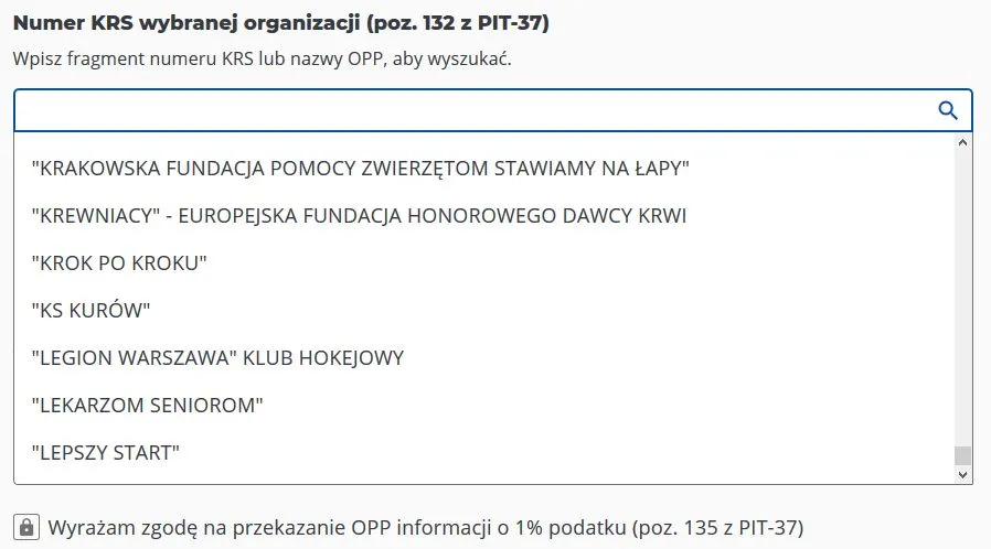Lista organizacji uprawnionych do otrzymana 1% podatku urywa się na literze "L"