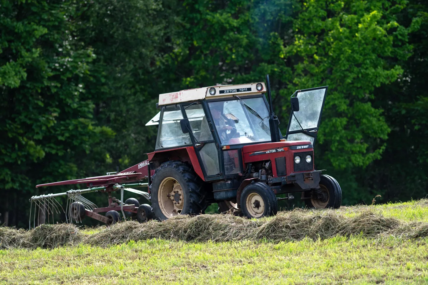Czerwony ciągnik rolniczy Zetor 7211 z przyczepioną maszyną do zgrabiania siana pracuje na polu, w tle widoczne drzewa.