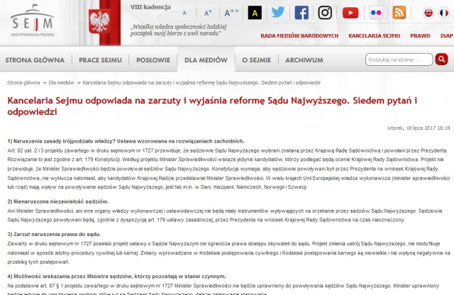 Kancelaria Sejmu wyjaśnia reformę Sądu Najwyższego