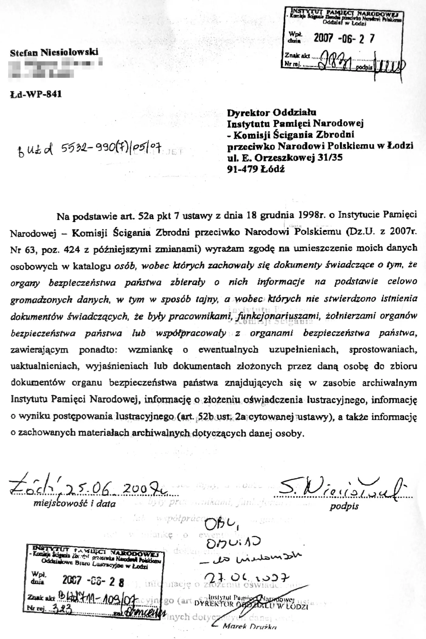 Kopia zgody Niesiołowskiego na umieszczenie jego nazwiska na liście pokrzywdzonych