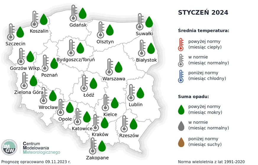 IMGW - styczeń 2024, mapa