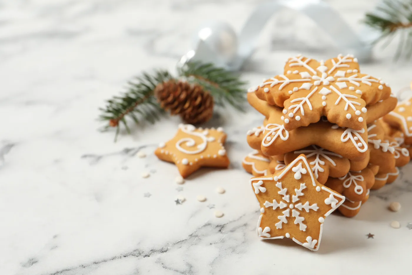 Tasty,Christmas,Cookies,On,White,Marble,Table.,Space,For,Text