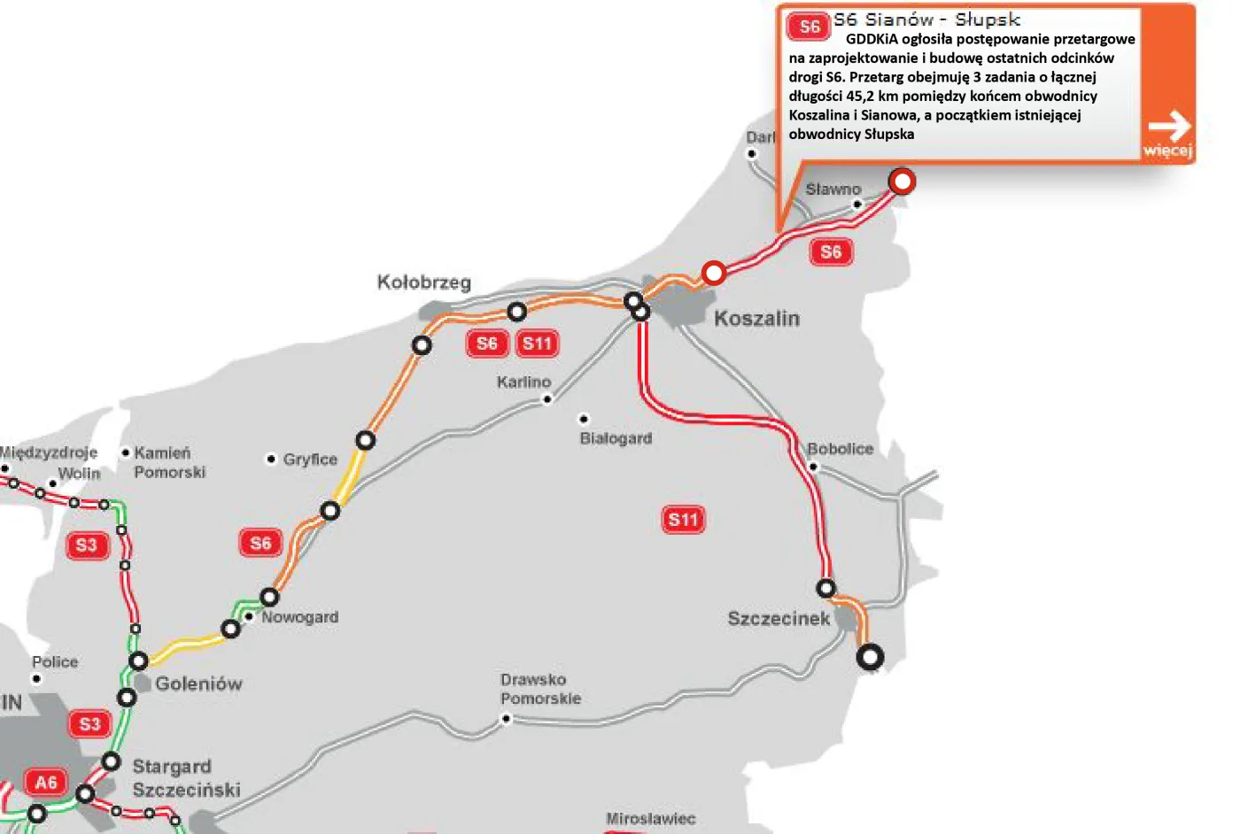 GDDKiA ogłosiła przetarg na odcinek S6 Koszlin/Sianów - Słupsk