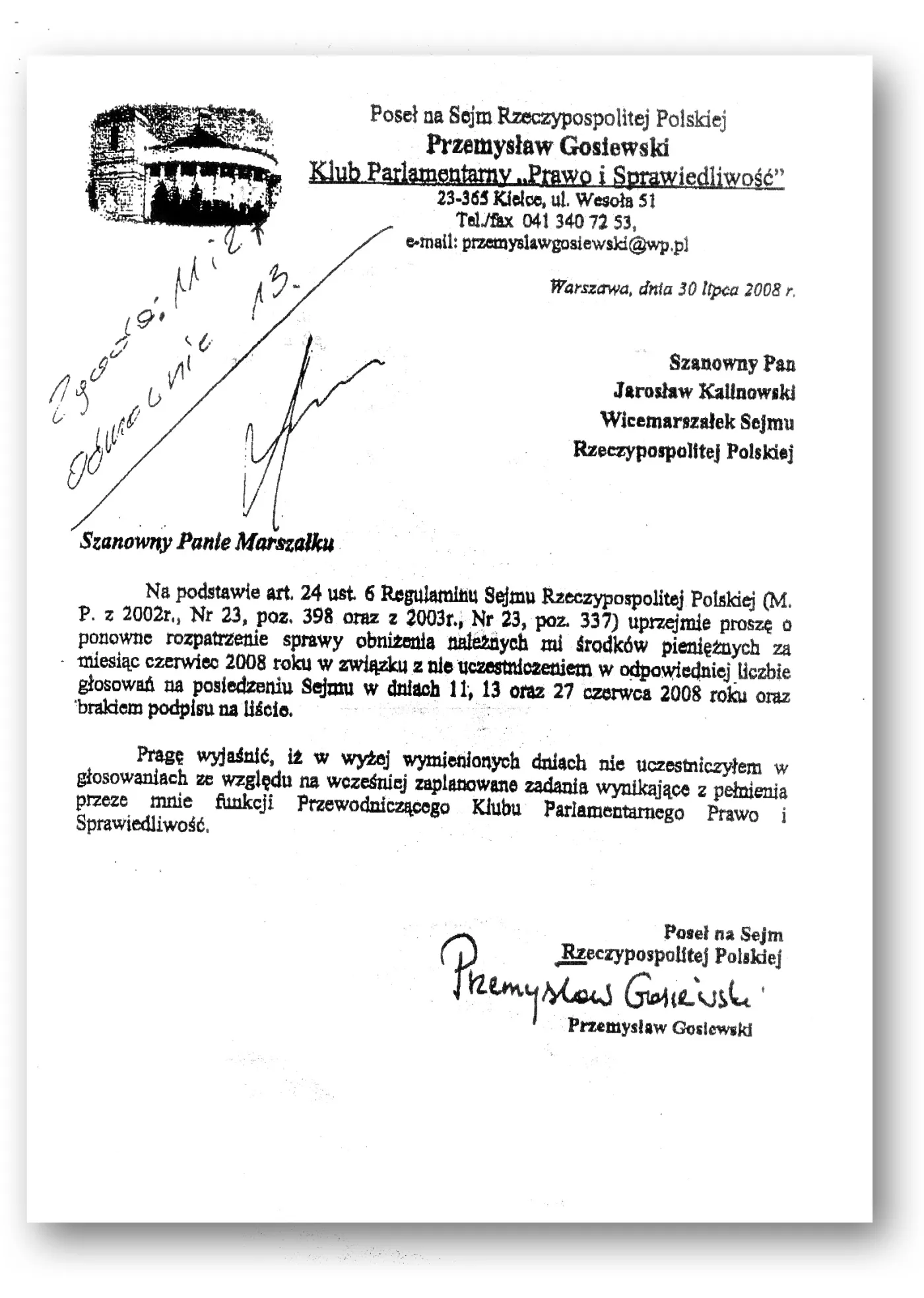Usprawiedliwienie Przemysława Gosiewskiego