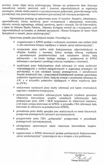 Pismo ws. utworzenia  quot;Tarczy antykorupcyjnej quot;