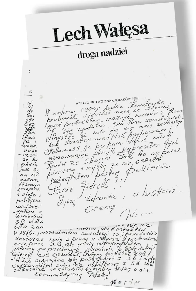 Kserokopia dedykacji,którą Wałęsa napisał Gierkowi w 1990 r. w swojej książce  quot;Droga nadziei quot;