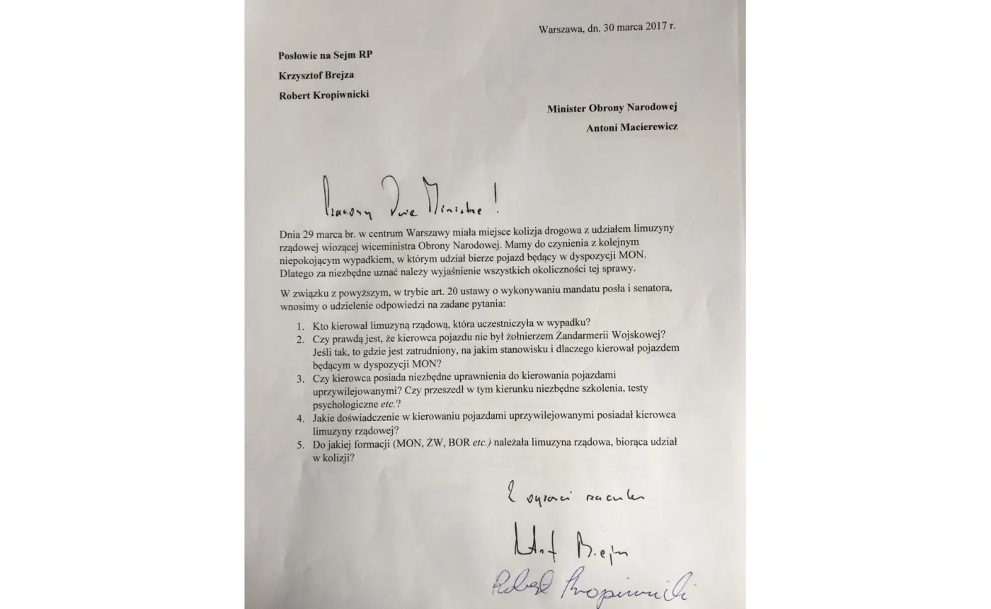 List posłów PO do Antoniego Macierewicza