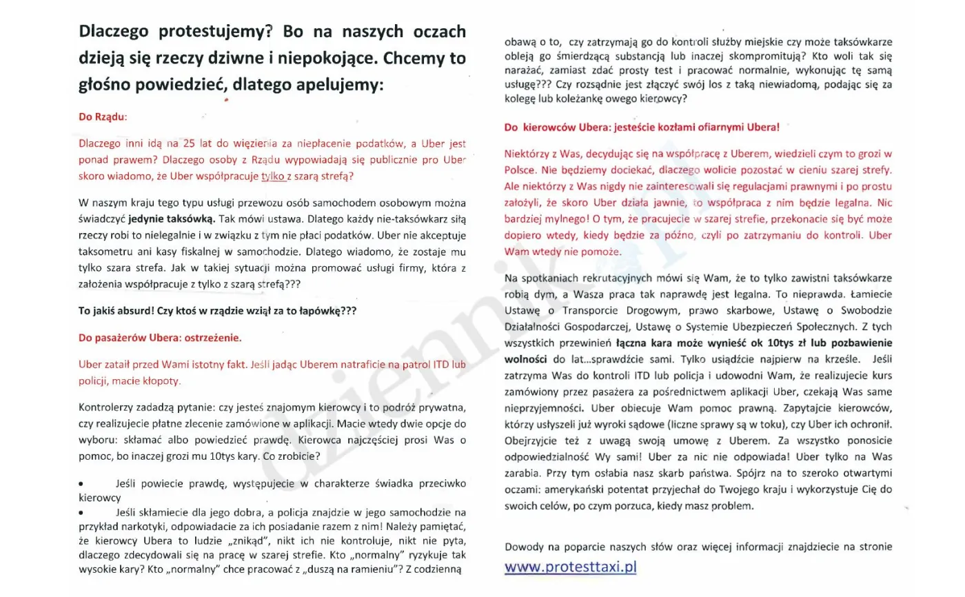 Ulotka rozpowszechniana przez taksówkarzy