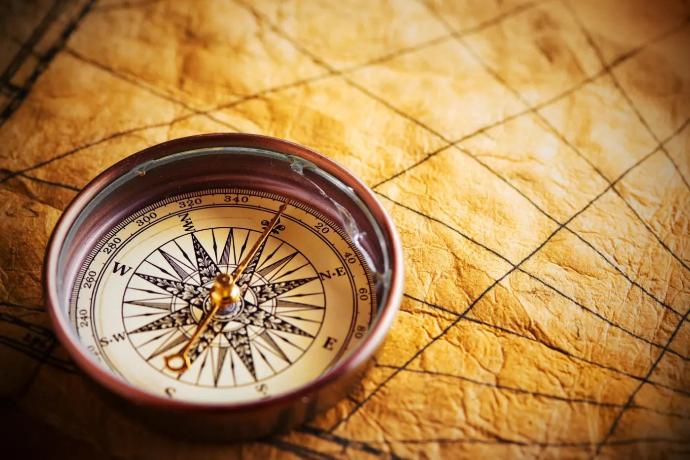 Close,Up,View,Of,The,Compass,On,Old,Paper