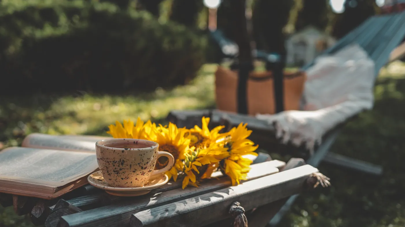 A,Serene,Setting,Features,A,Cup,Of,Tea,,A,Book,