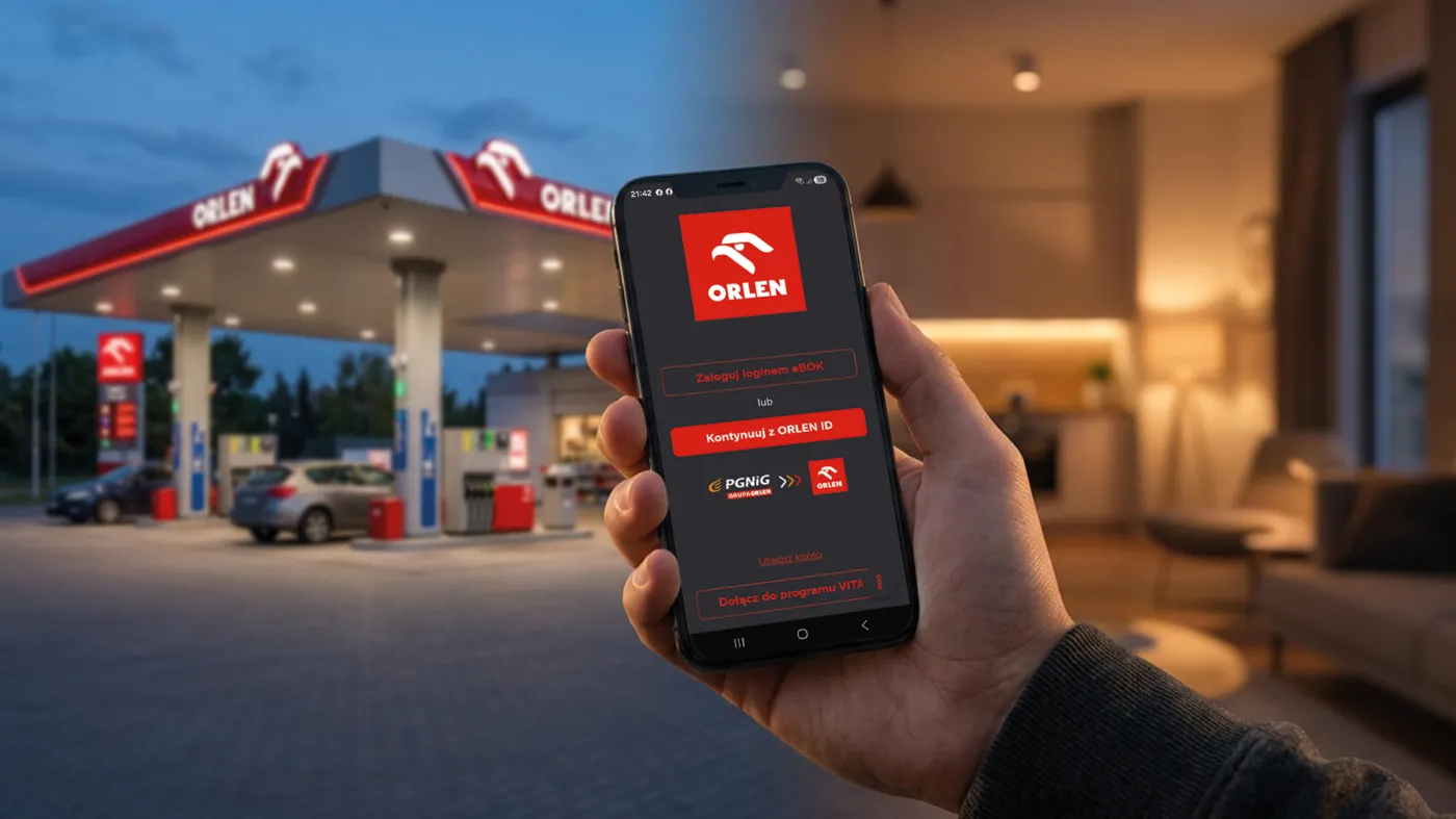 Dłoń trzymająca smartfon z ekranem logowania ORLEN ID i eBOK na tle stacji paliw oraz wnętrza mieszkania.