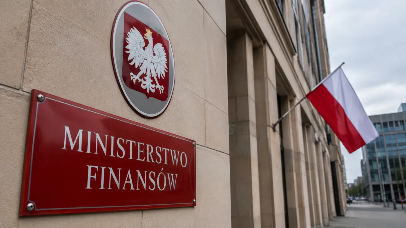 Budynek Ministerstwa Finansów z godłem Rzeczypospolitej Polskiej i biało-czerwoną flagą. Zdjęcie ilustracyjne do materiału o budżecie państwa, finansach publicznych i kontroli NIK.