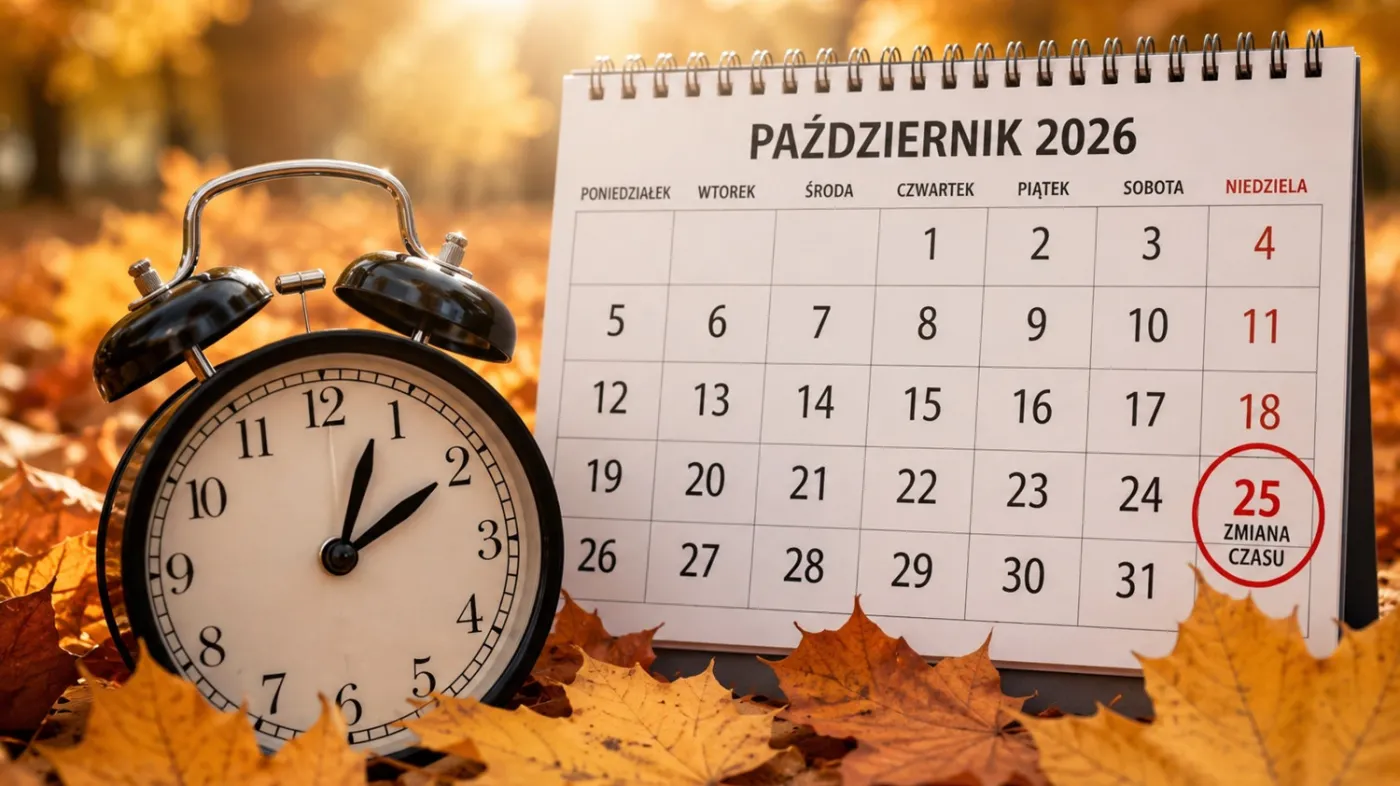 Zmiana czasu na zimowy 2026 – zegar i kalendarz z zaznaczoną datą 25 października. Grafika wygenerowana z wykorzystaniem AI