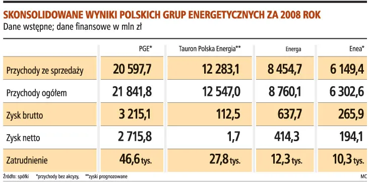 Skonsolidowane wyniki polskich grup energetycznych za 2008 rok