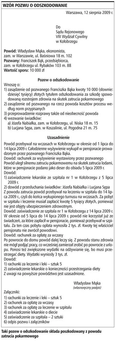 Wzór pozwu o odszkodowanie