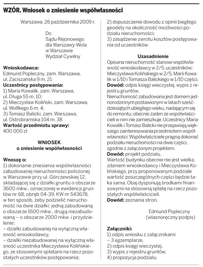 WZÓR. Wniosek o zniesienie współwłasności