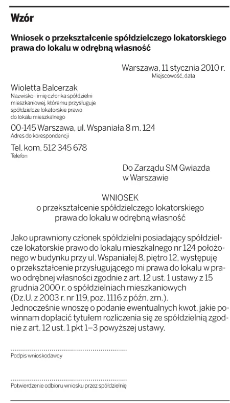 Wzór wniosku o przekształcenie spółdzielczego lokatorskiego prawa do lokalu w odrębną własność
