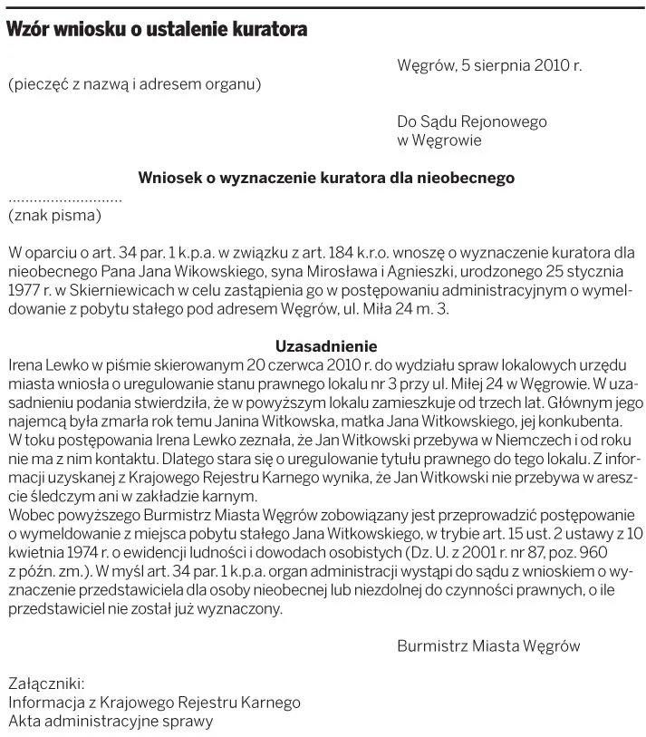 Dla strony nieobecnej w kraju należy ustanowić kuratora