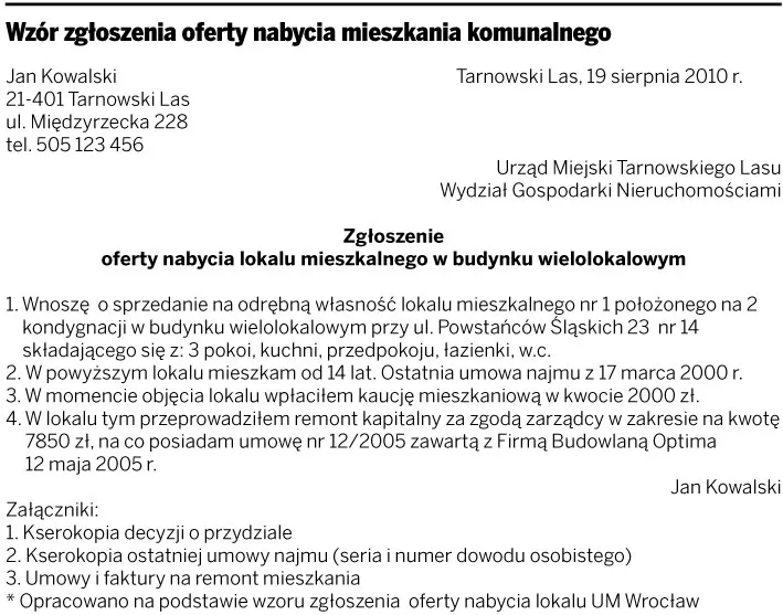 Wzór zgłoszenia oferty nabycia mieszkania komunalnego