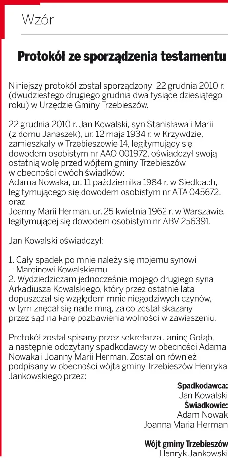 Wójt ponosi odpowiedzialność za prawidłowość sporządzonego przed nim testamentu