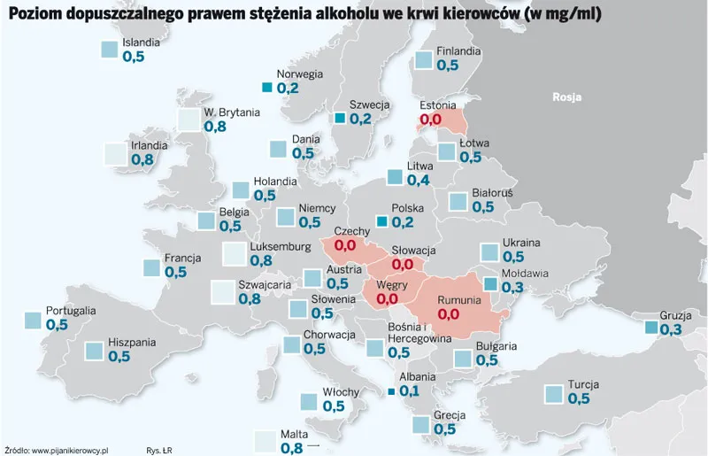 Poziom dopuszczalnego prawem stężenia alkoholu we krwi kierowców (w mg/ml)