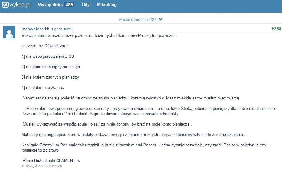 Lech Wałęsa odpowiada wpisami na mikroblogu i przeprasza Cenckiewicza