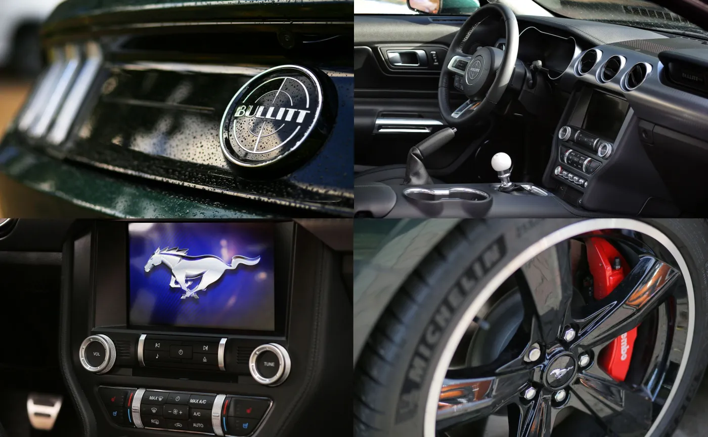  Oferowany w kolorze nadwozia Shadow Black lub w klasycznym kolorze Dark Highland Green, Mustang Bullitt jest wyposażony w 19-calowe obręcze kół w stylu Torq Thrust, czerwone zaciski hamulcowe Brembo i ozdobną imitację korka wlewu paliwa Bullitt na pasie tylnym