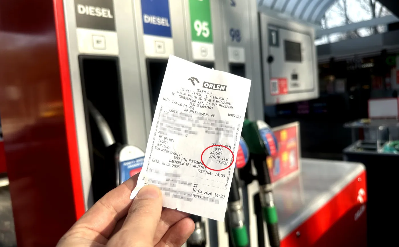 Wysoka cena za benzynę 95 marzec 2026 paragon stacja paliw Orlen