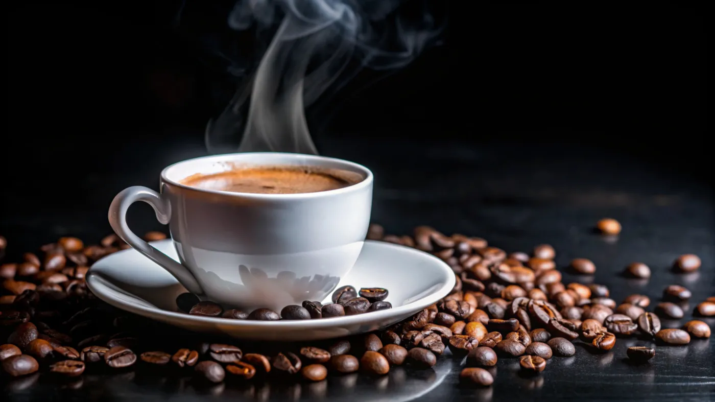 Steaming,Cup,Of,Coffee,On,A,Saucer,With,Coffee,Beans