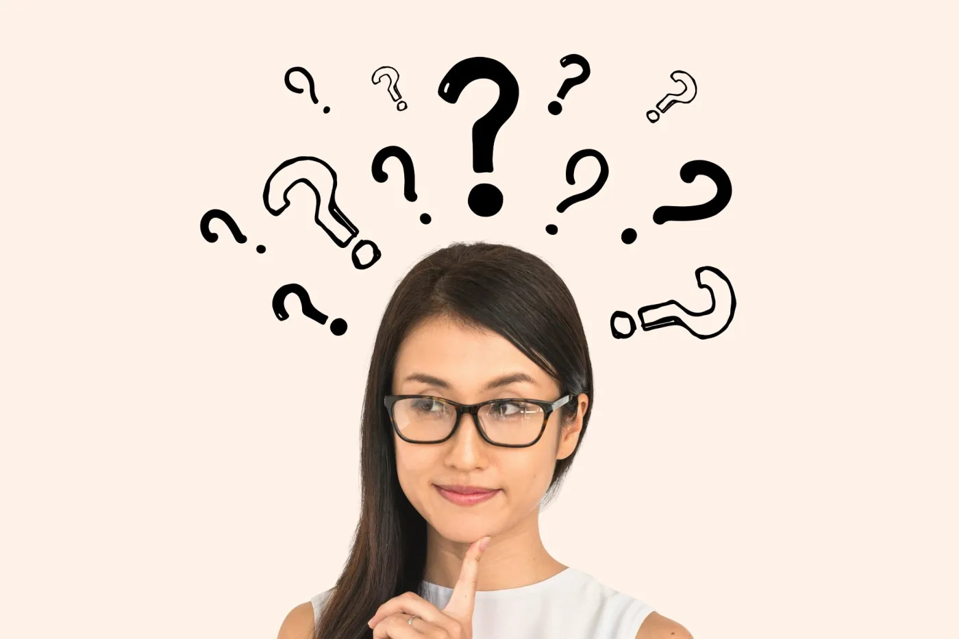 Woman,With,Glasses,Pondering,,Surrounded,By,Question,Marks,On,A