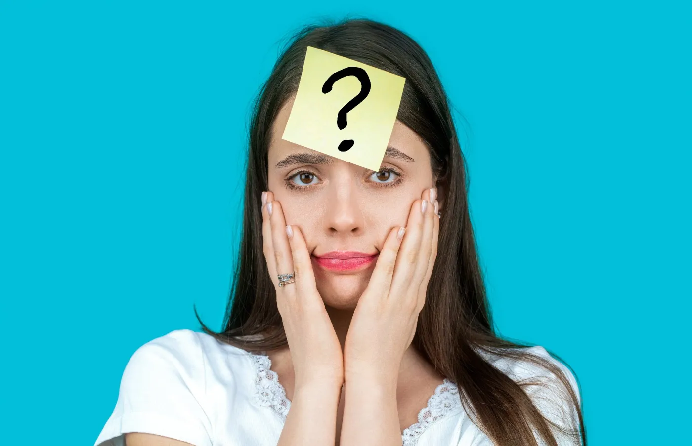 Question,Woman,Attractive,Beautiful,Beauty,Blue.,Puzzled,Young,Woman,With