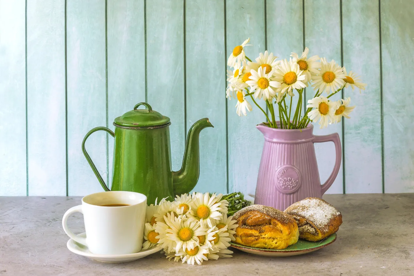 Summer,Breakfast,Still,Life;,Cup,Of,Coffee,,Hot,Croissants,,Bouquet