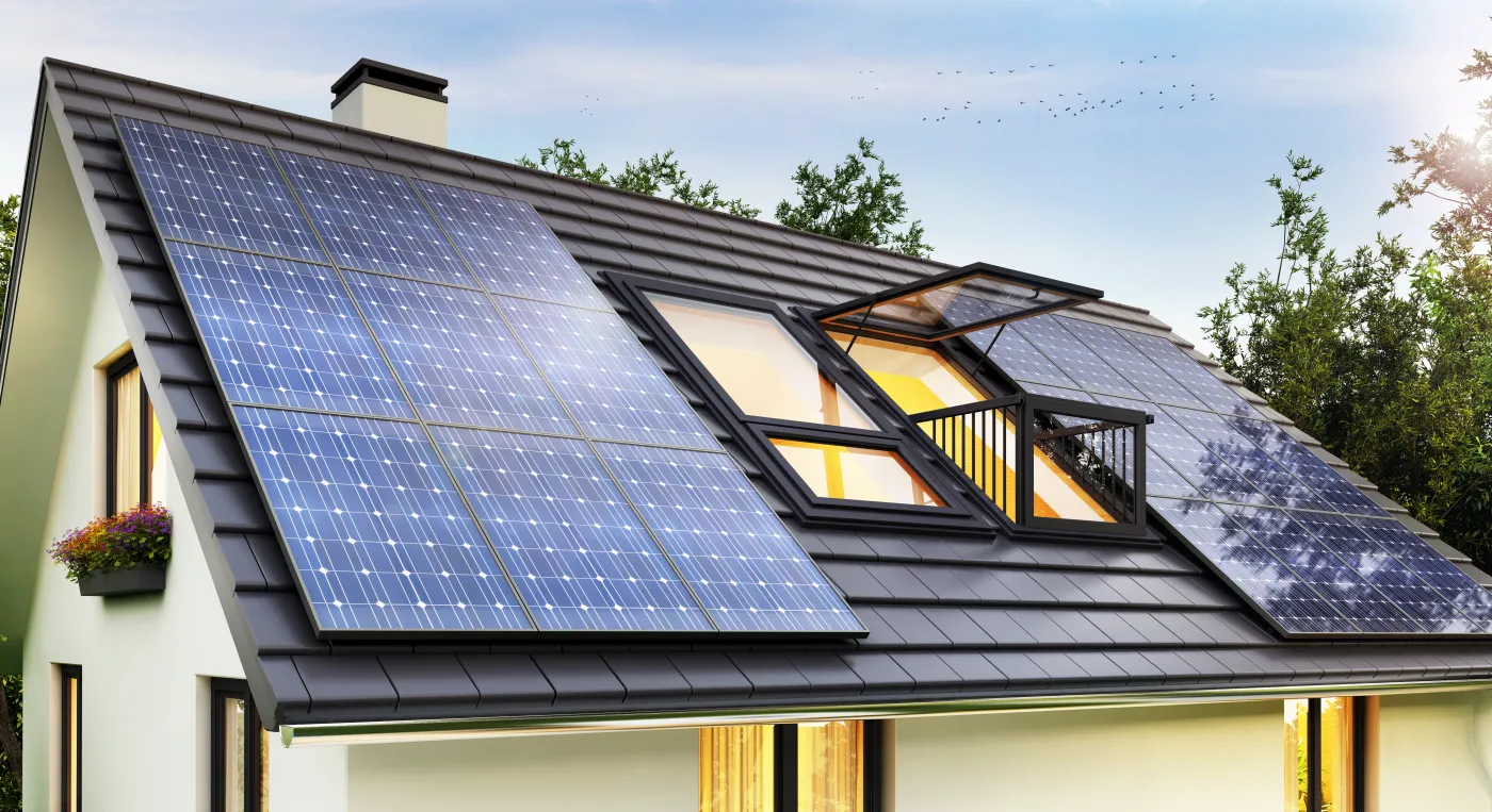 Fotowoltaika Panele słoneczne fotowoltaiczne  Solar,Panels,On,The,Roof,Of,The,Modern,House.,3d