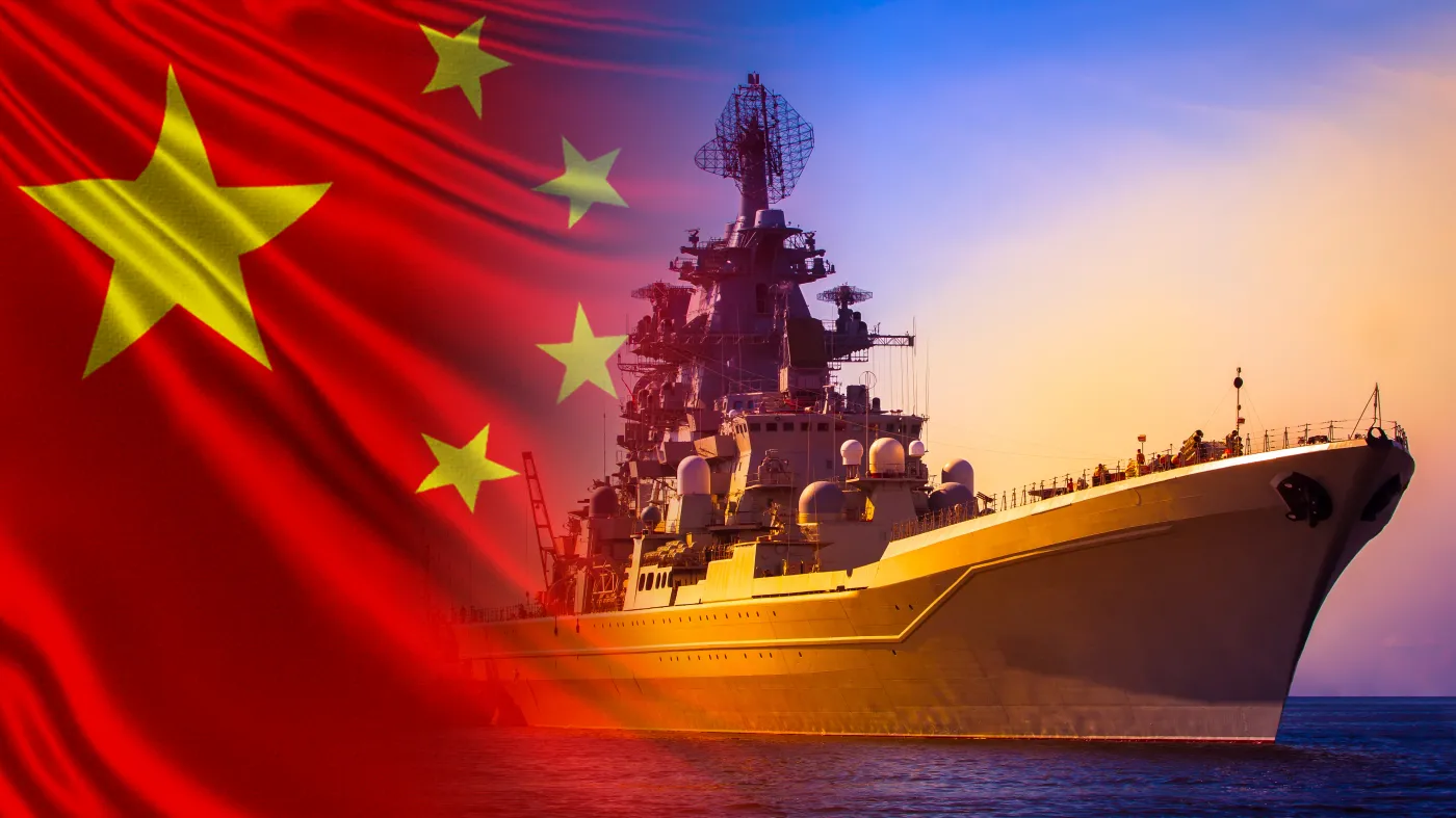 Warship,Close-up,On,The,Background,Of,The,Chinese,Flag.,Protection