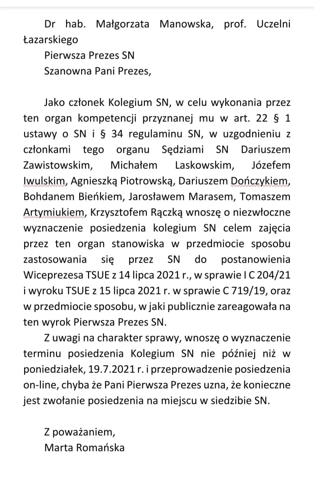 wniosek kolegium SN