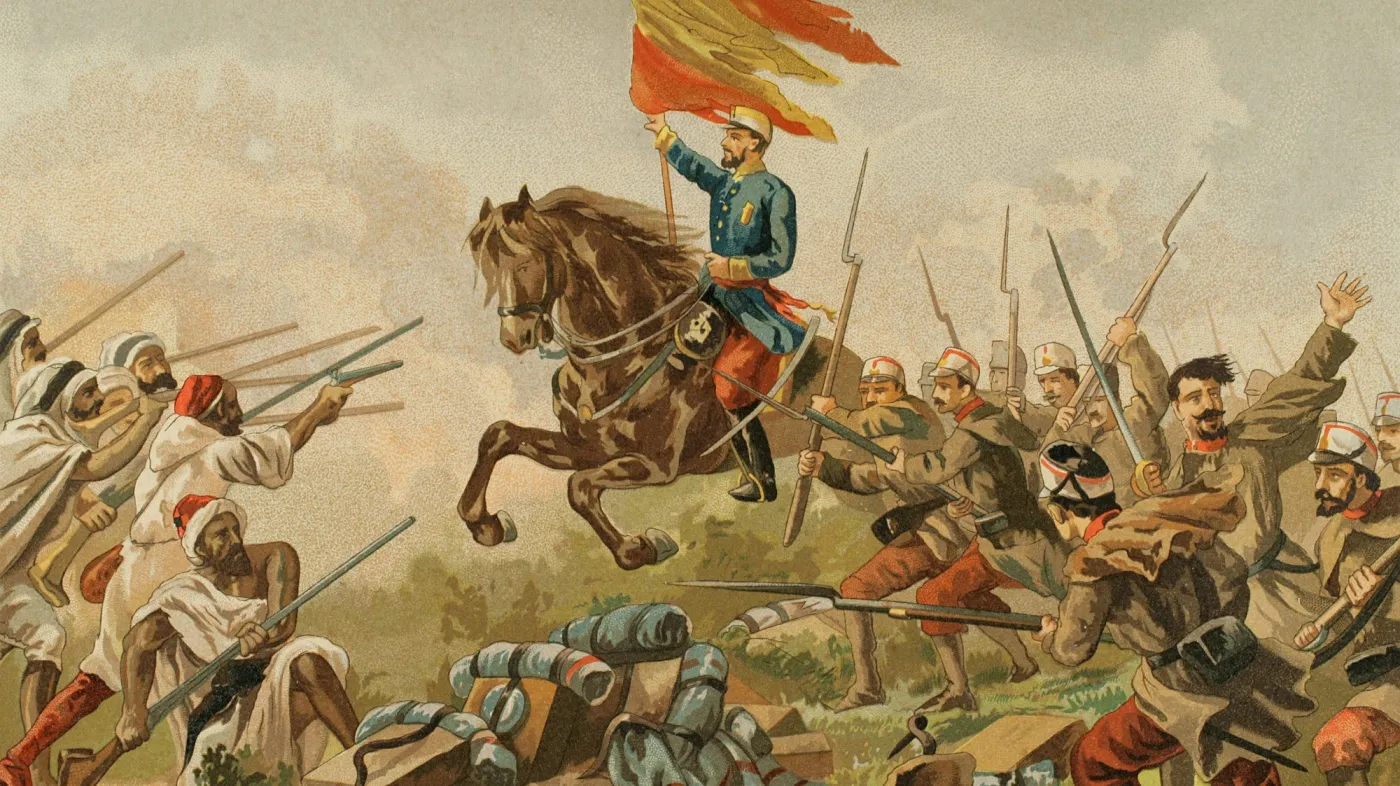 Ilustracja przedstawiająca zwycięstwo wojsk Hiszpanii w bitwie pod Castillejos.