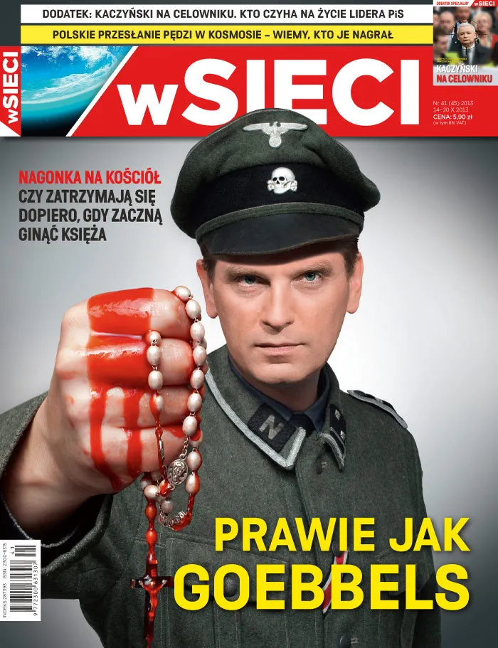 Kontrowersyjna okładka "W Sieci": Lis jak Goebbels - w hitlerowskim mundurze z zakrwawionym różańcem