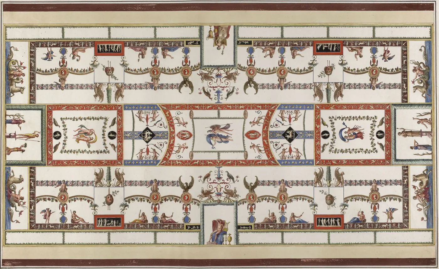 Franciszek Smuglewicz, Vincenzo Brenna, Marco Carloni, Dekoracja sklepienia w sali nr 15, akwarela i gwasz na zarysie akwafortowym, 1776