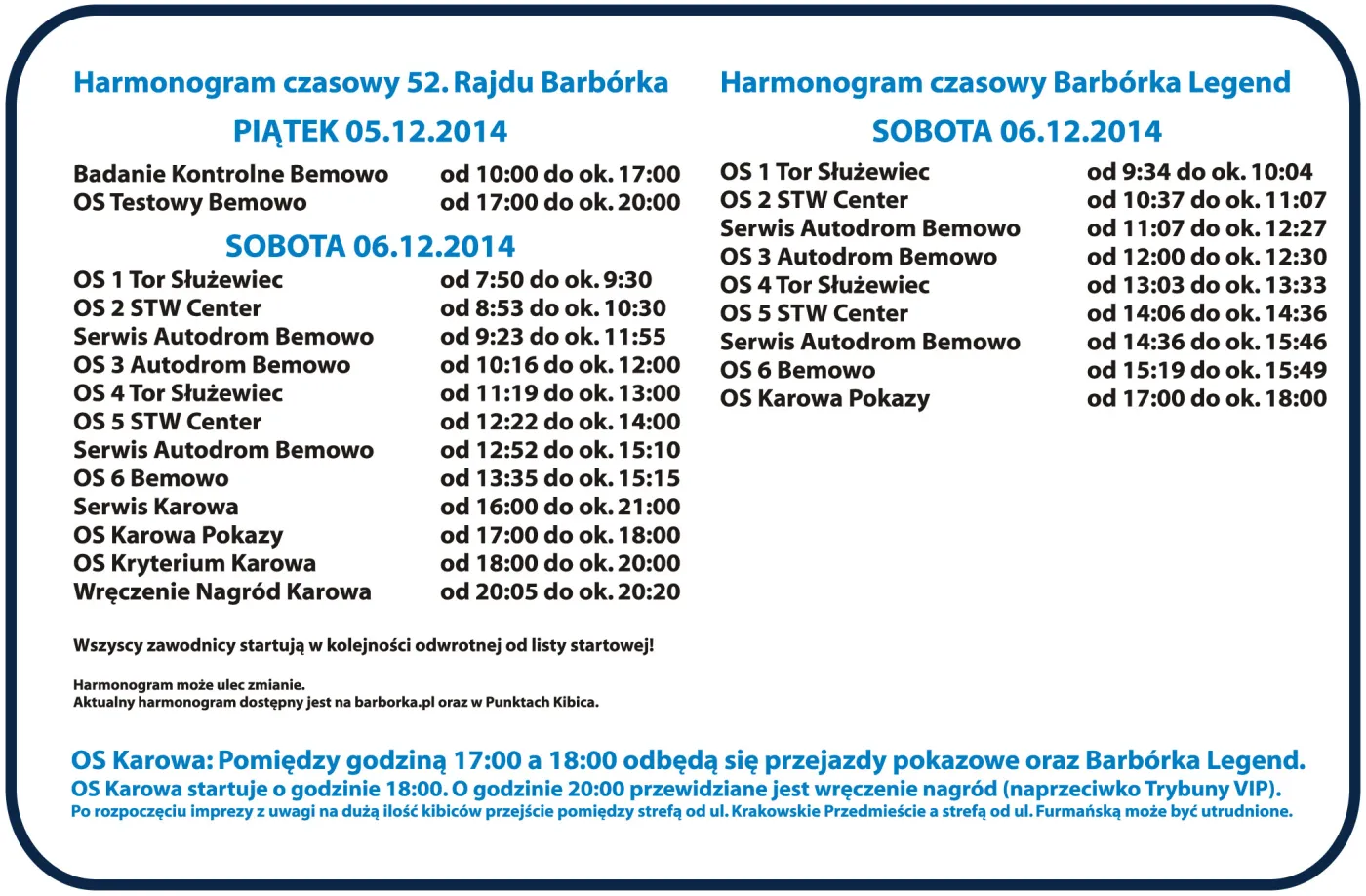 Harmonogram Rajdu Barbórka