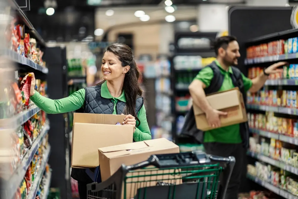 Happy,Employees,Putting,Products,On,Shelves,In,Supermarket.