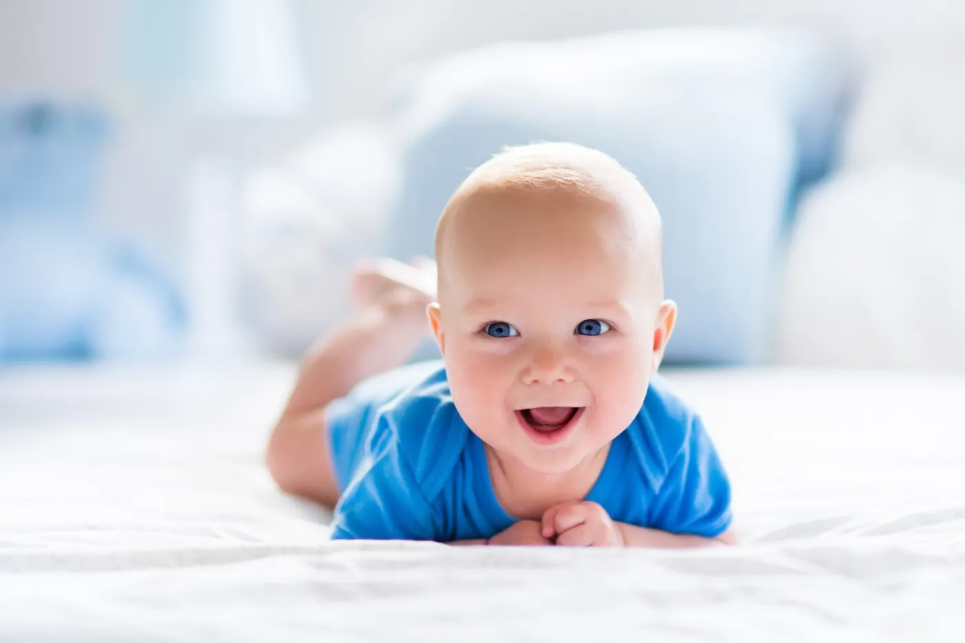 Adorable,Baby,Boy,In,White,Sunny,Bedroom.,Newborn,Child,Relaxing