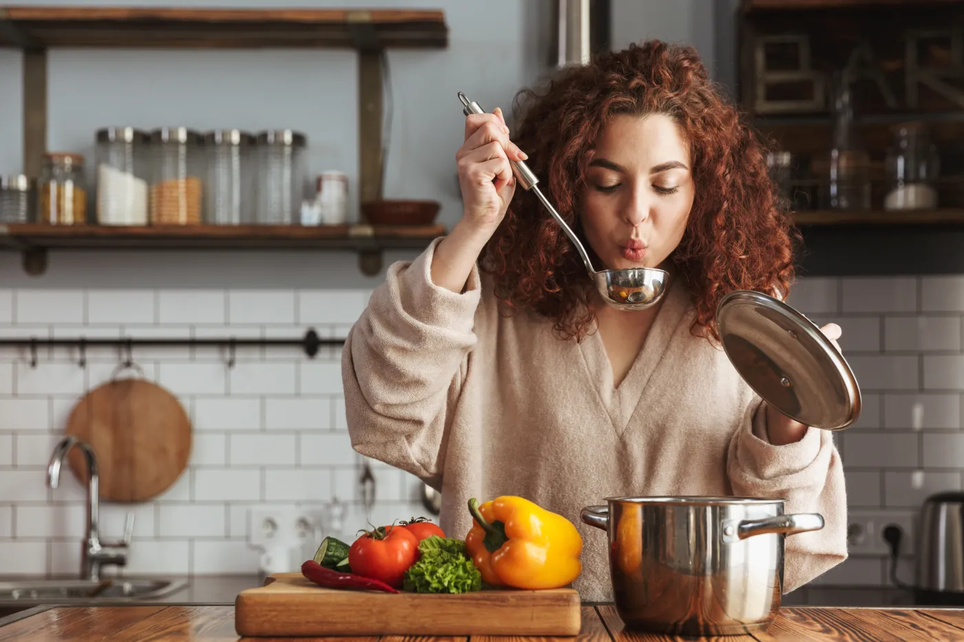 Photo,Of,Pretty,Caucasian,Woman,Holding,Cooking,Ladle,Spoon,While