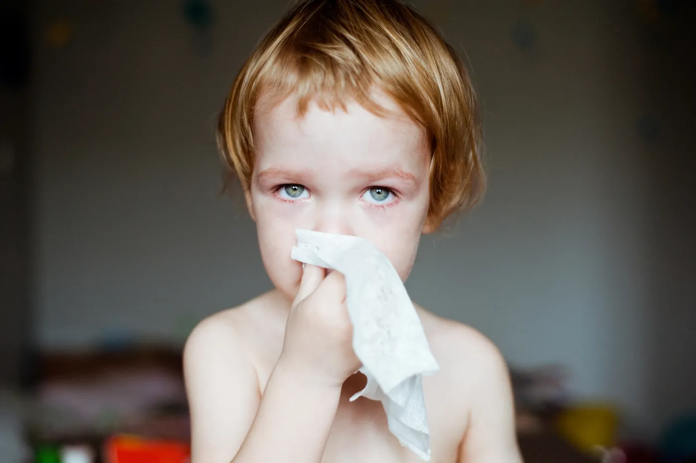 Cute,Little,Boy,Blowing,His,Nose,Into,A,Handkerchief.