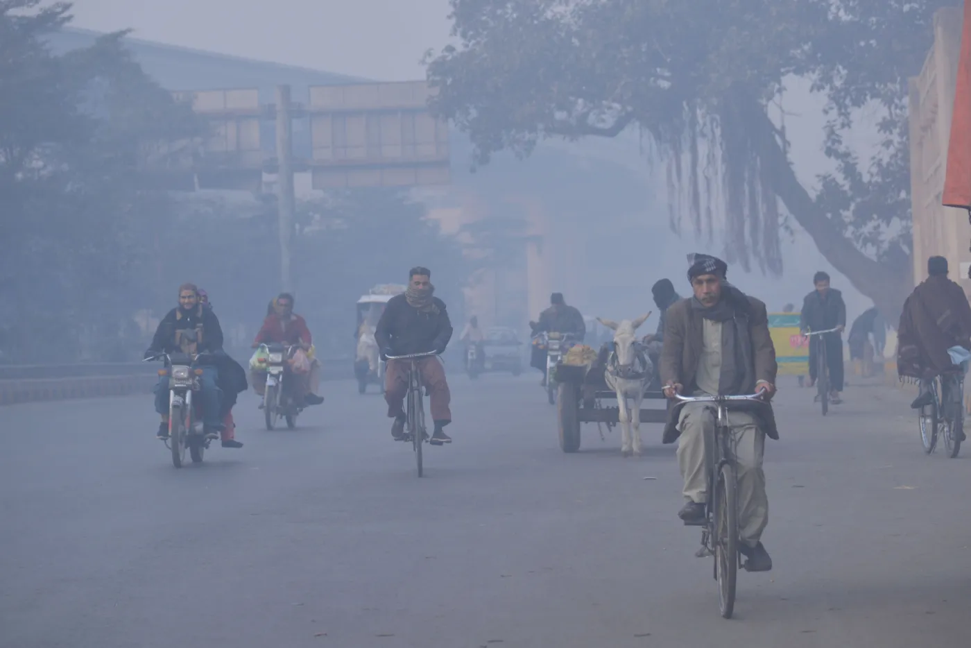 Pakistani citizens busy in their routine work during a cold and dense foggy morning in Lahore