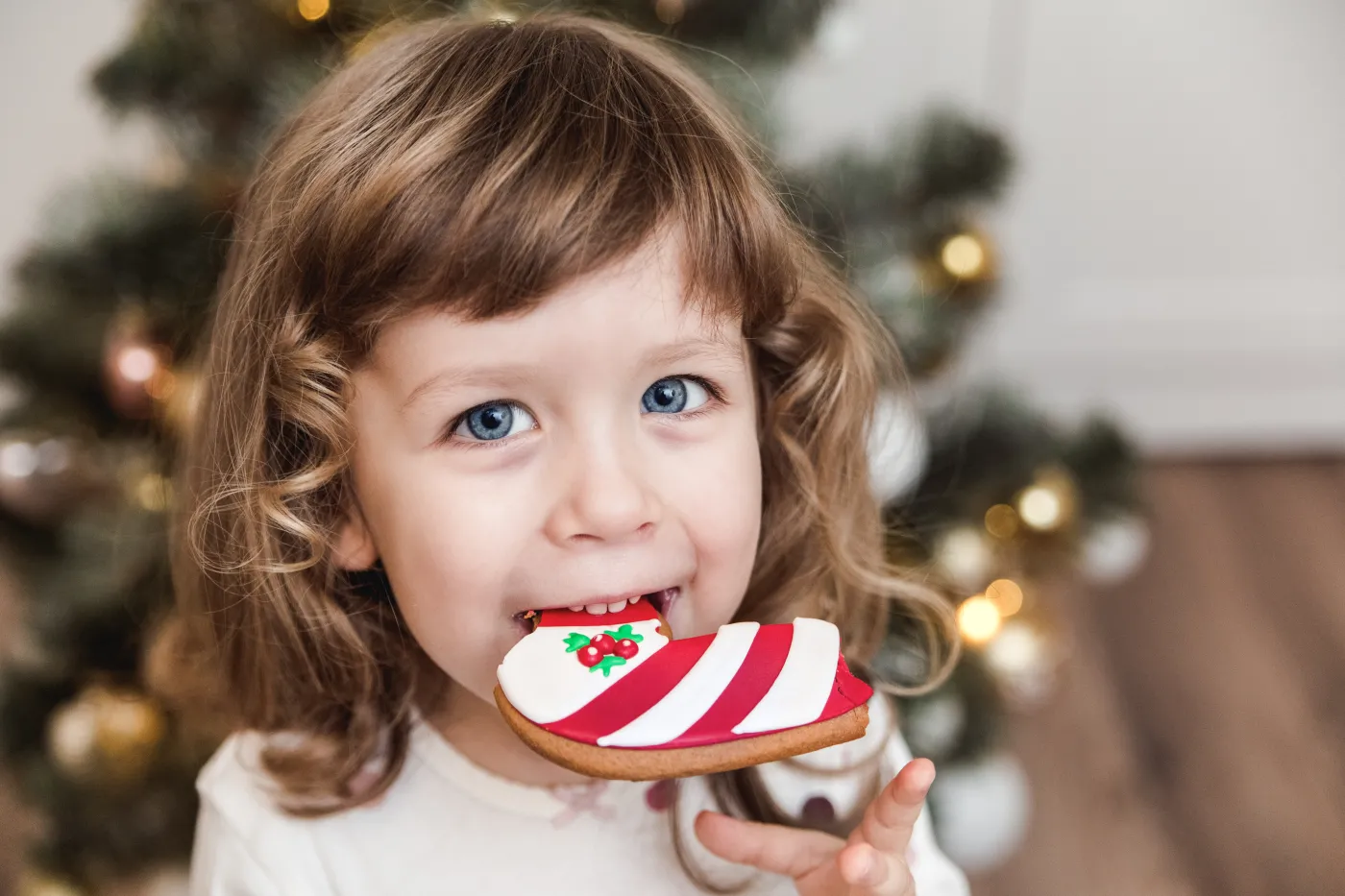 Pretty,Toddler,Girl,In,Front,Of,Christmas,Tree,with,Christmas,Gingerbread.holidays,new