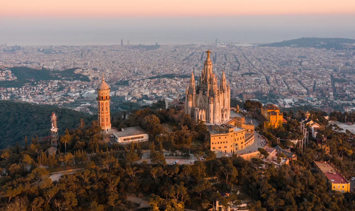 Aerial,View,Of,Barcelona,Skyline,With,Sagrat,Cor,Temple,During