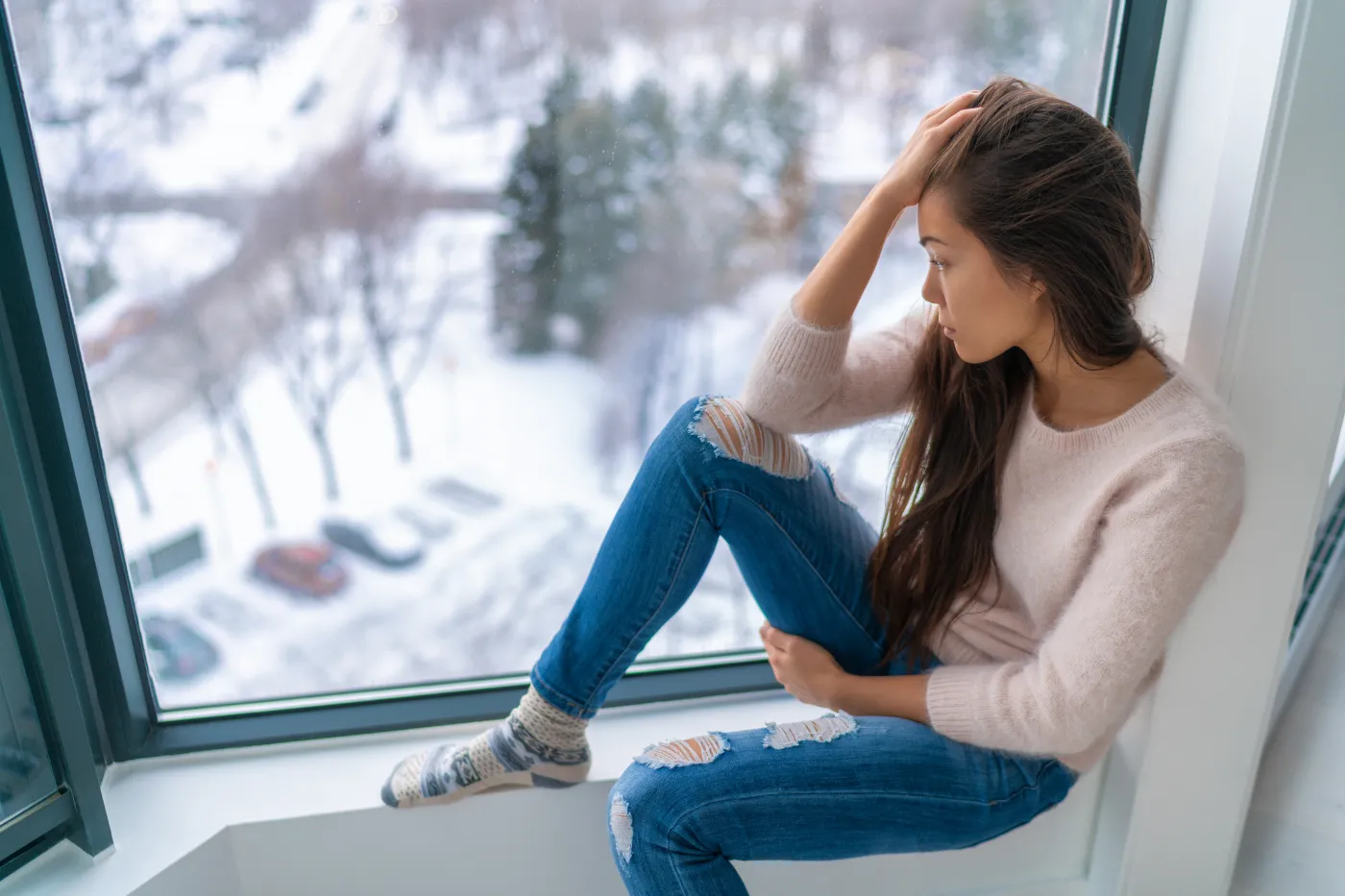 Winter,Depressed,Sad,Girl,Lonely,By,Home,Window,Looking,At