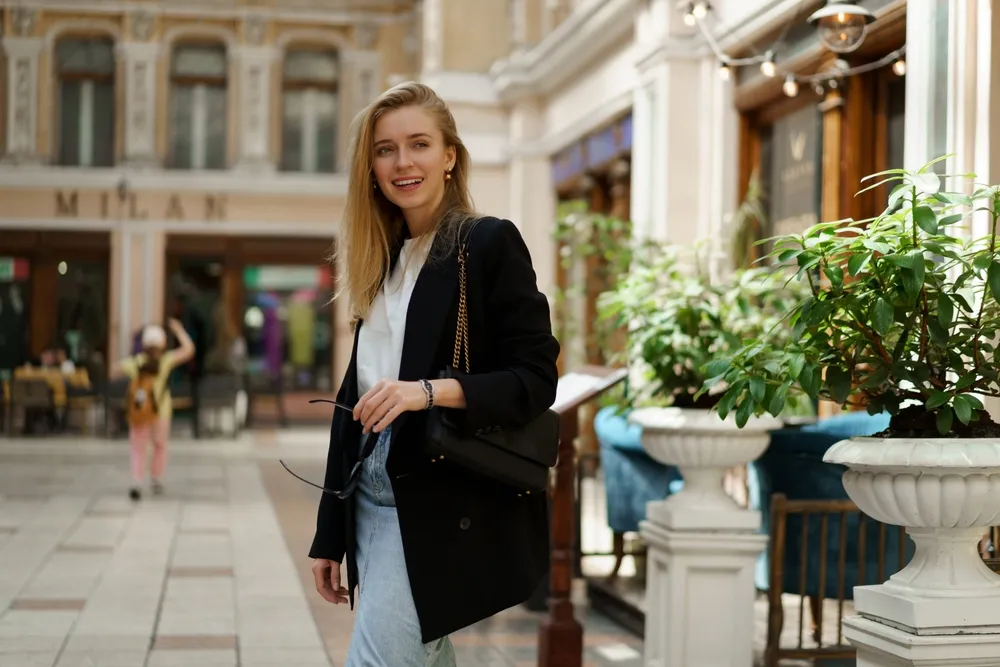 Attractive,Blond,Woman,In,Stylish,Casual,Outfit,Posing,Outdoor.,Black