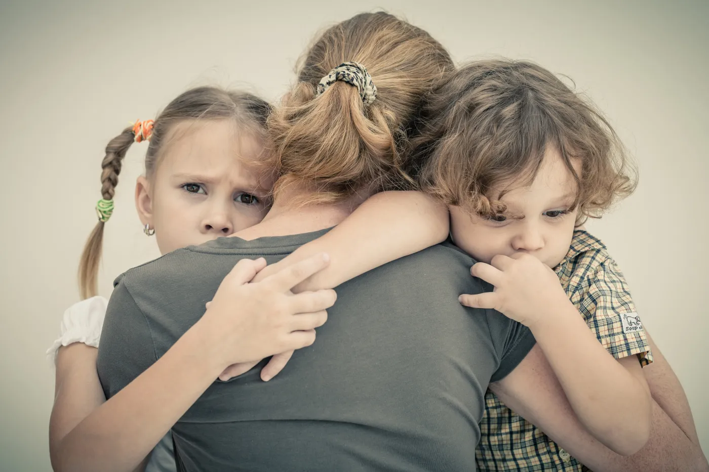 Sad,Children,Hugging,His,Mother